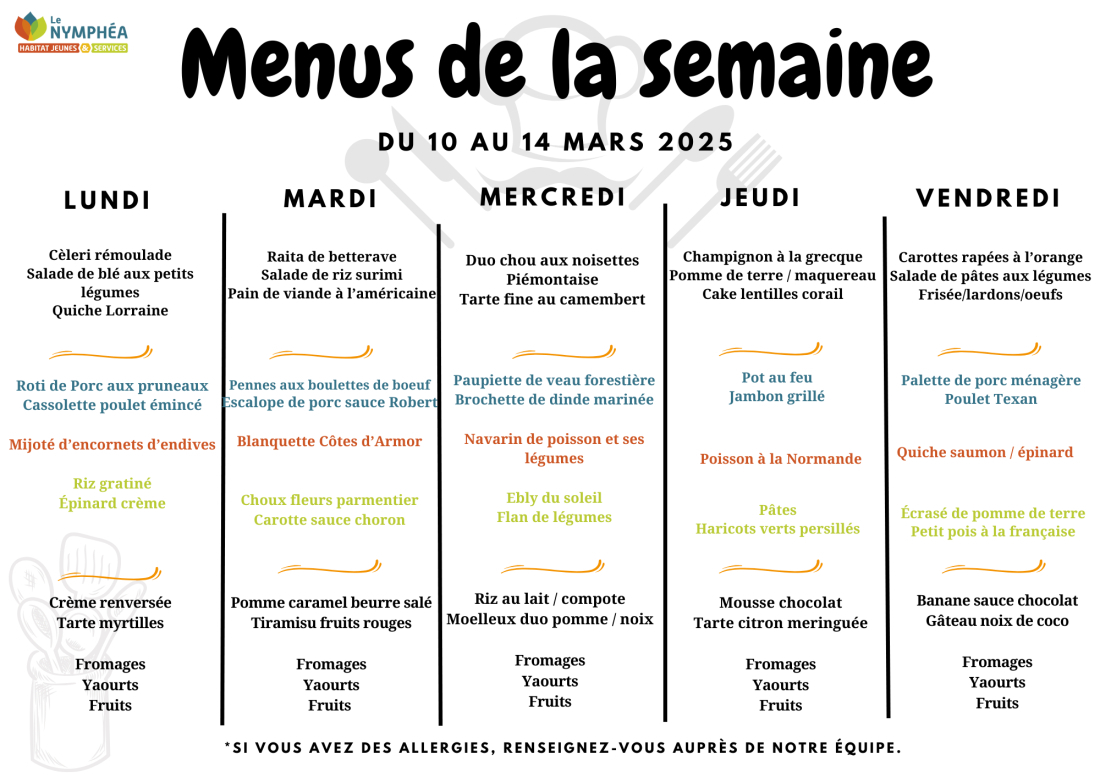 Menu du 10 au 14 mars 2025