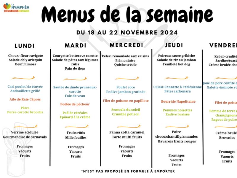 Nos menus du 18 au 22 novembre 2024